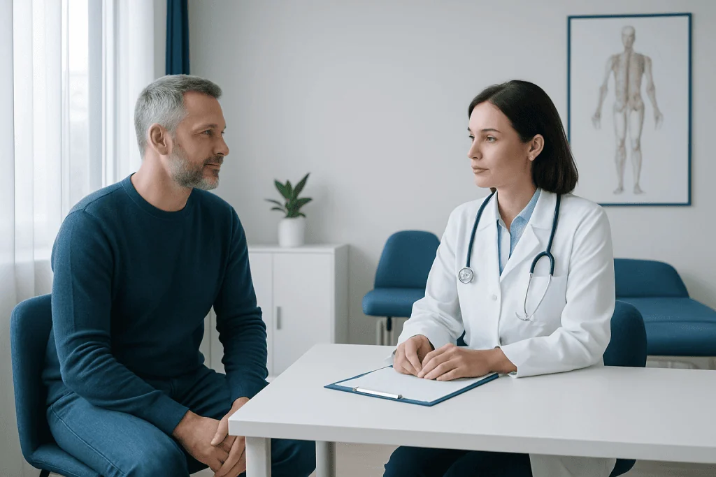 Doctor consulting with a male patient in a modern clinic room.