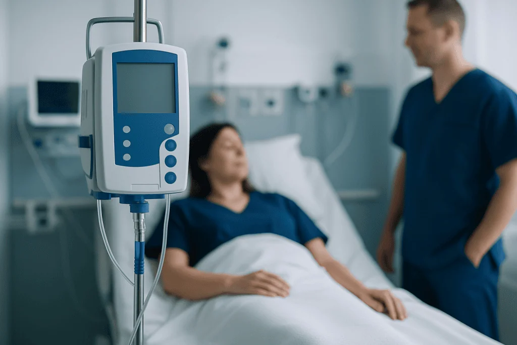 Patient in hospital bed with IV drip and medical staff nearby in a modern hospital room.