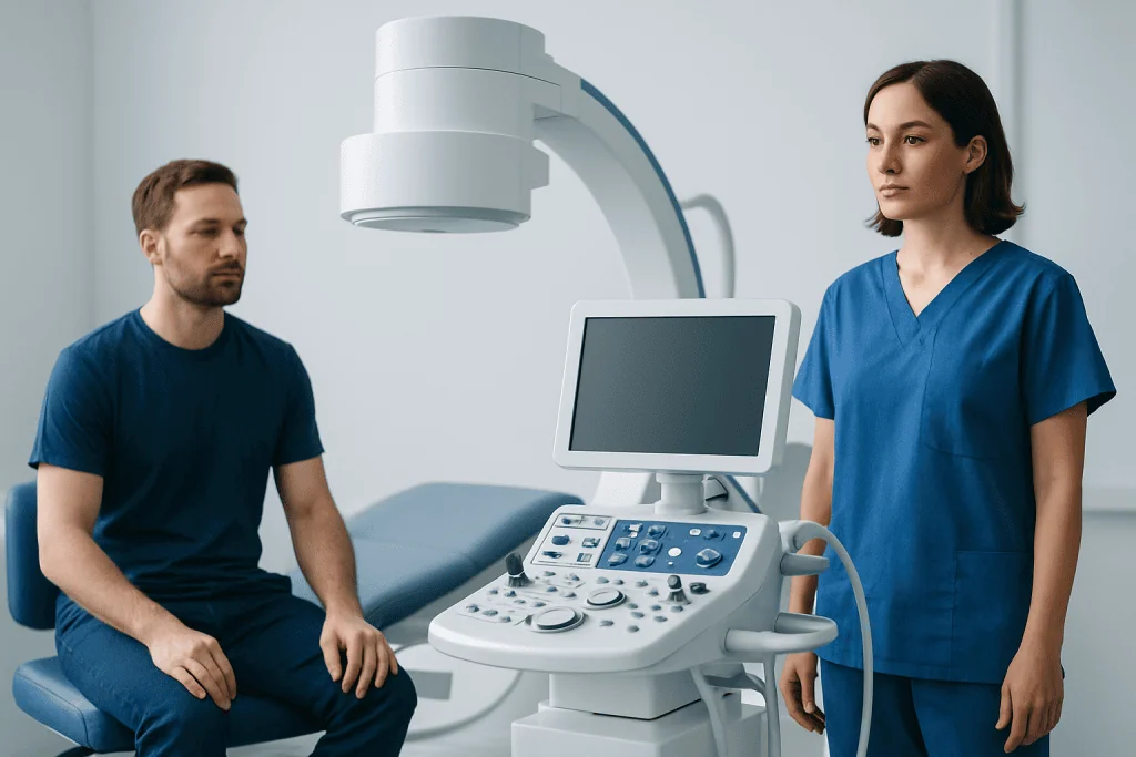 Medical consultation with ultrasound equipment at a hospital in Turkey.