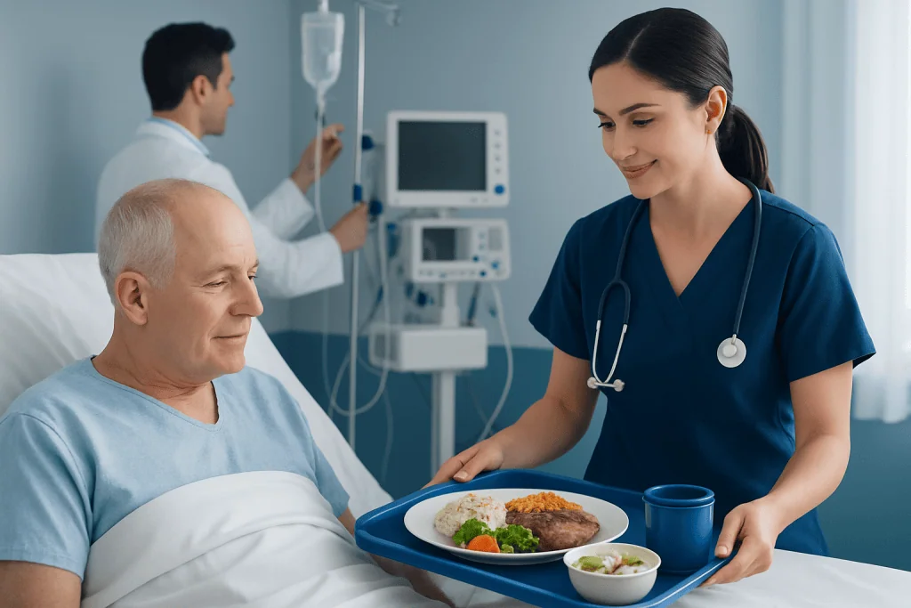 Nurse serving meal to a patient in a hospital room with medical equipment in background.