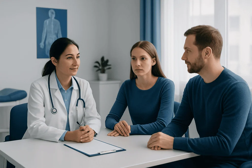 Doctor consulting with a couple in a medical office setting.