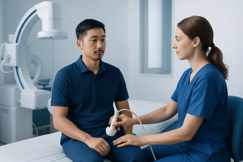 Medical professional performs ultrasound examination on patient in hospital.