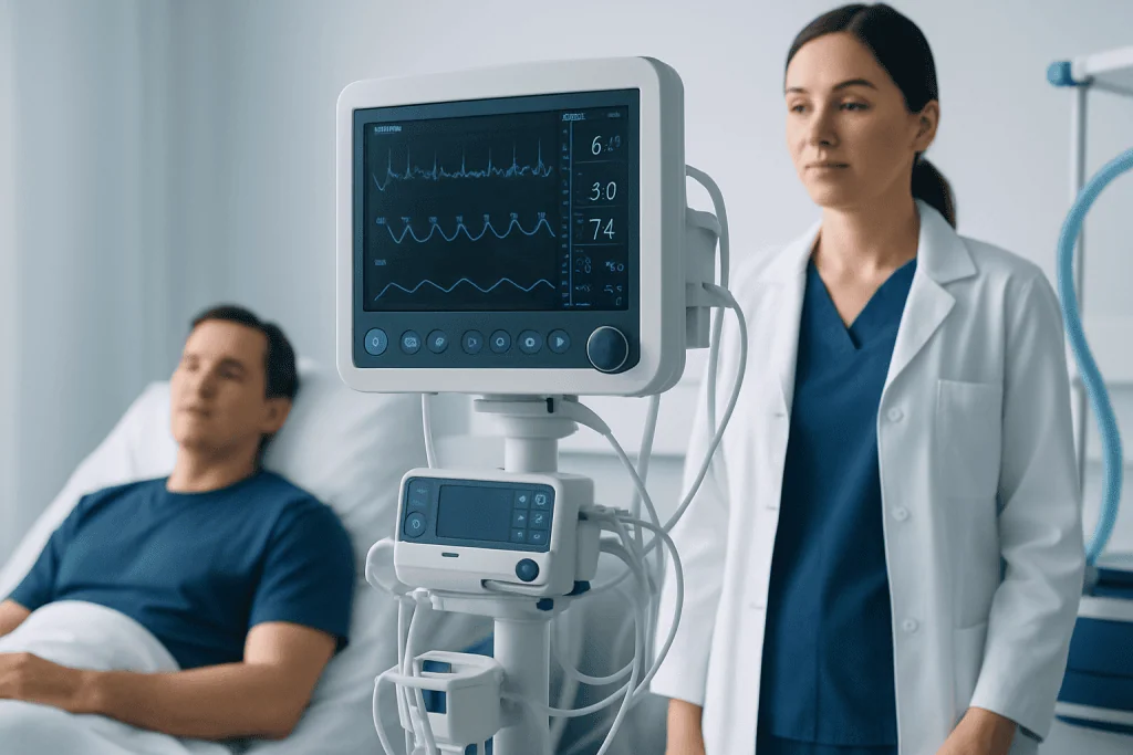 Medical professional monitoring patient with vital signs display in hospital.
