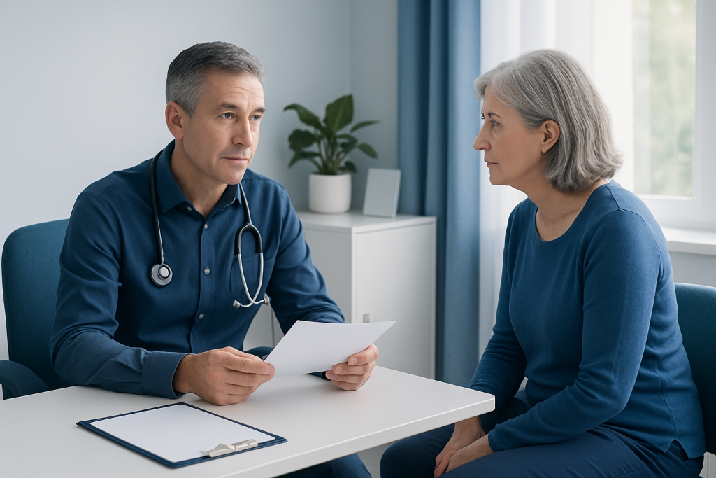 Doctor consulting with an elderly female patient in a medical office.