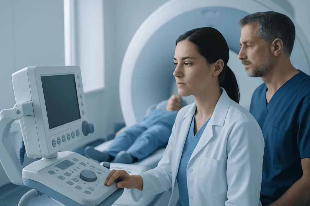 Medical professionals operating an MRI machine in a hospital setting.