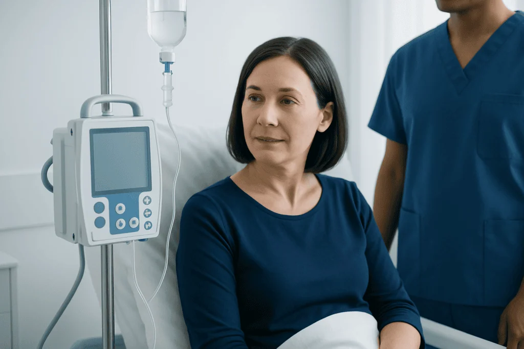 Woman receiving medical treatment with IV infusion in hospital setting.