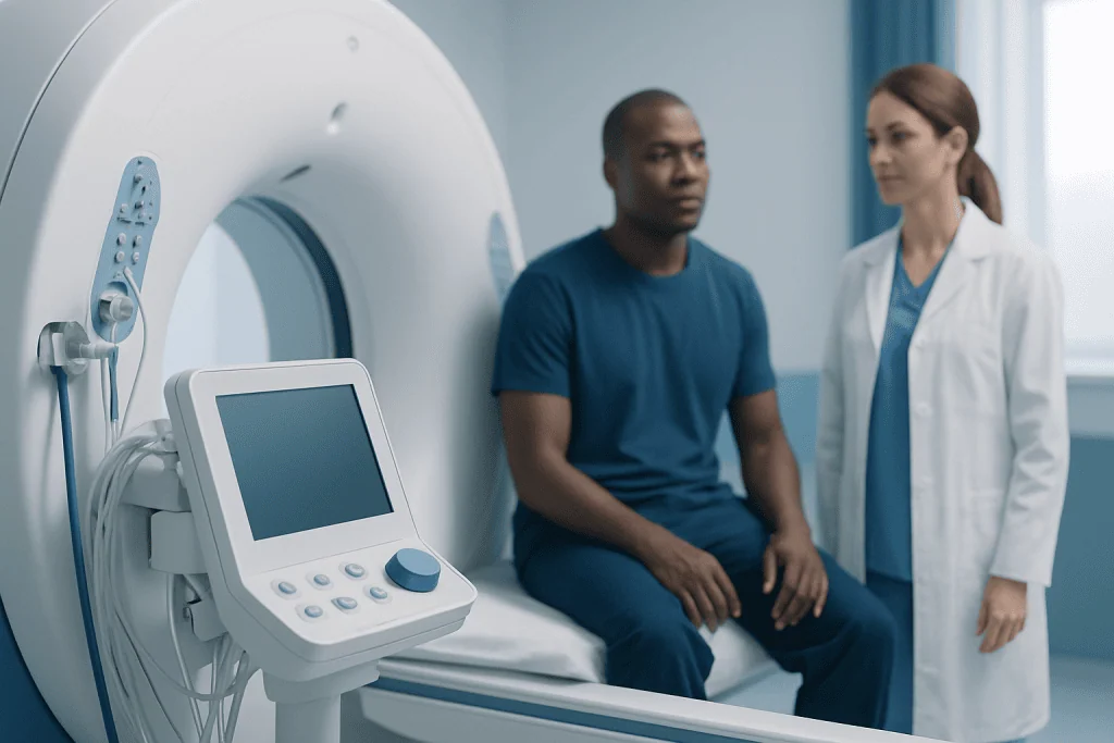 Patient undergoing MRI scan at Acibadem Hospital with medical staff present.