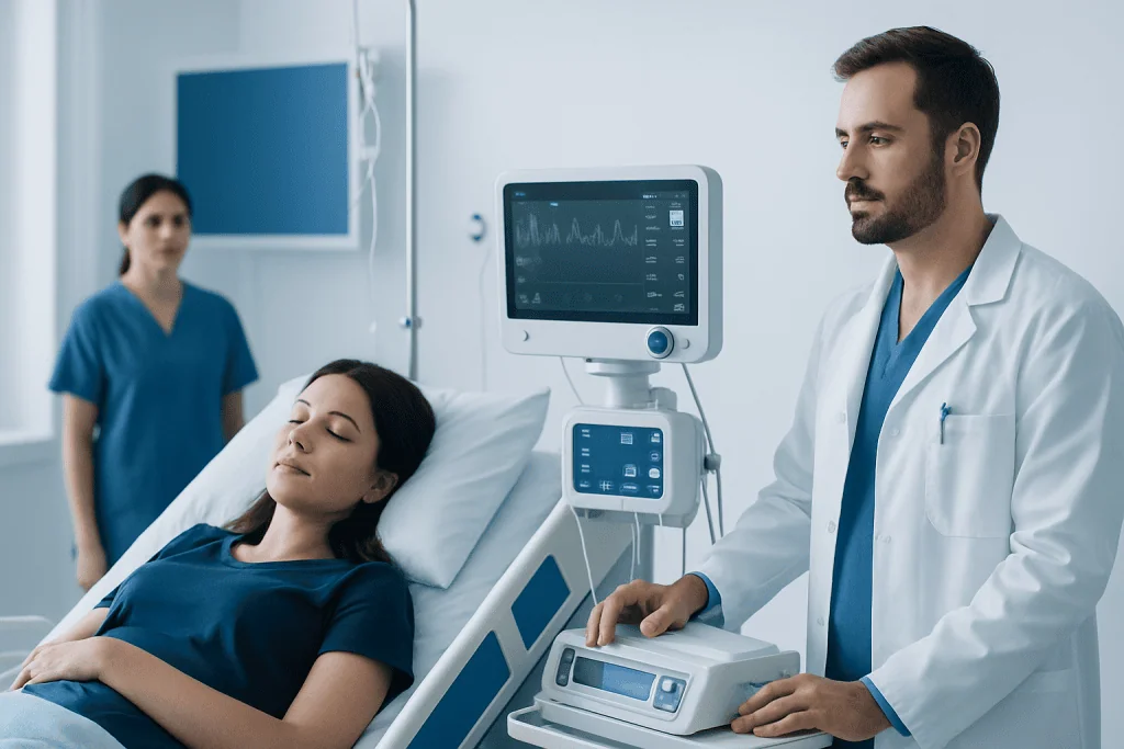Patient in hospital bed monitored by doctor and nurse in medical setting.