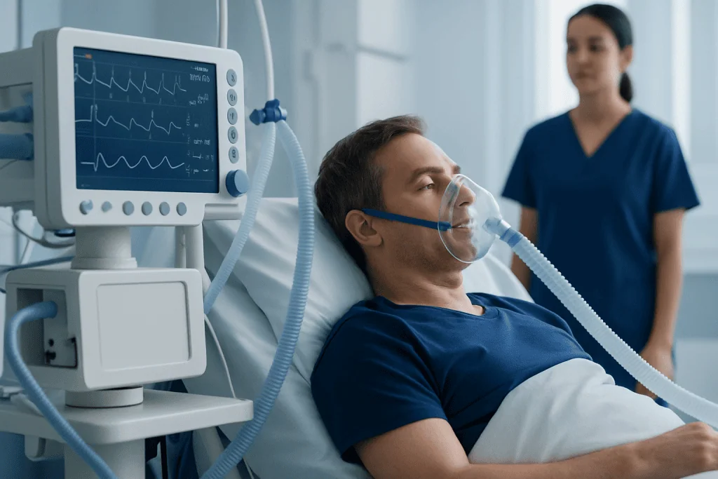 Patient receiving oxygen therapy in hospital with monitoring equipment.