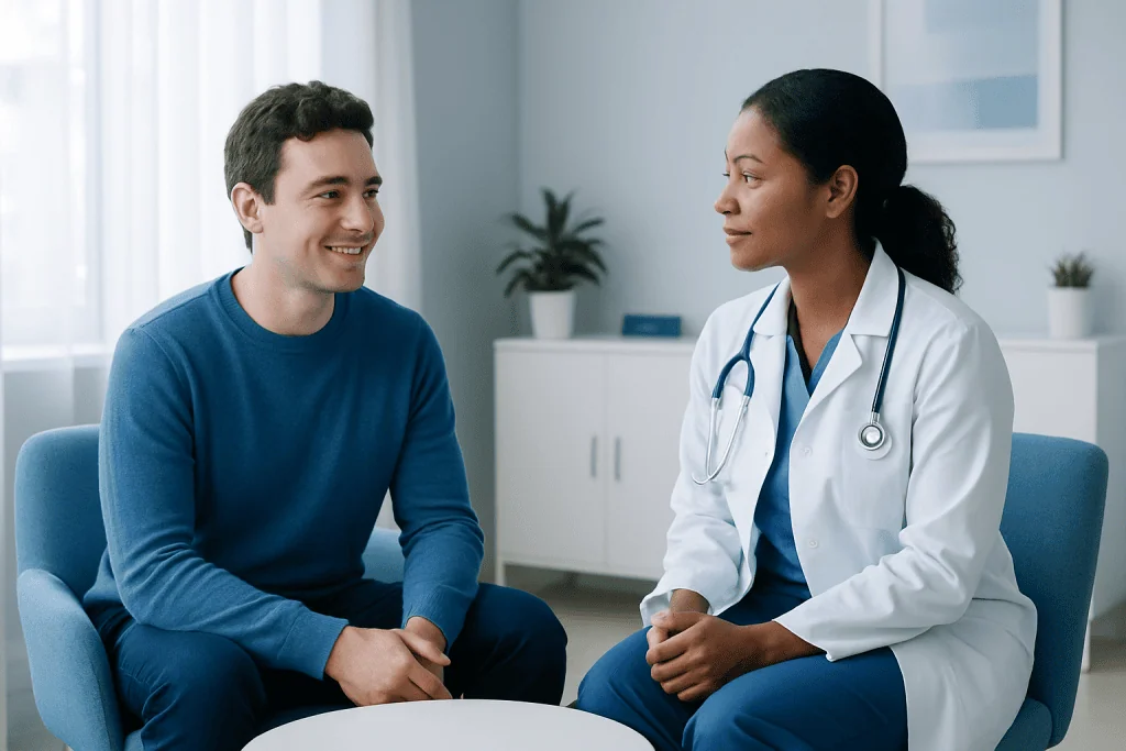 Doctor consulting with a male patient in a modern clinic setting.