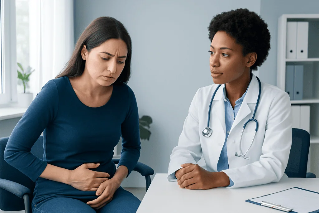 Woman experiencing abdominal pain during a medical consultation with a doctor.
