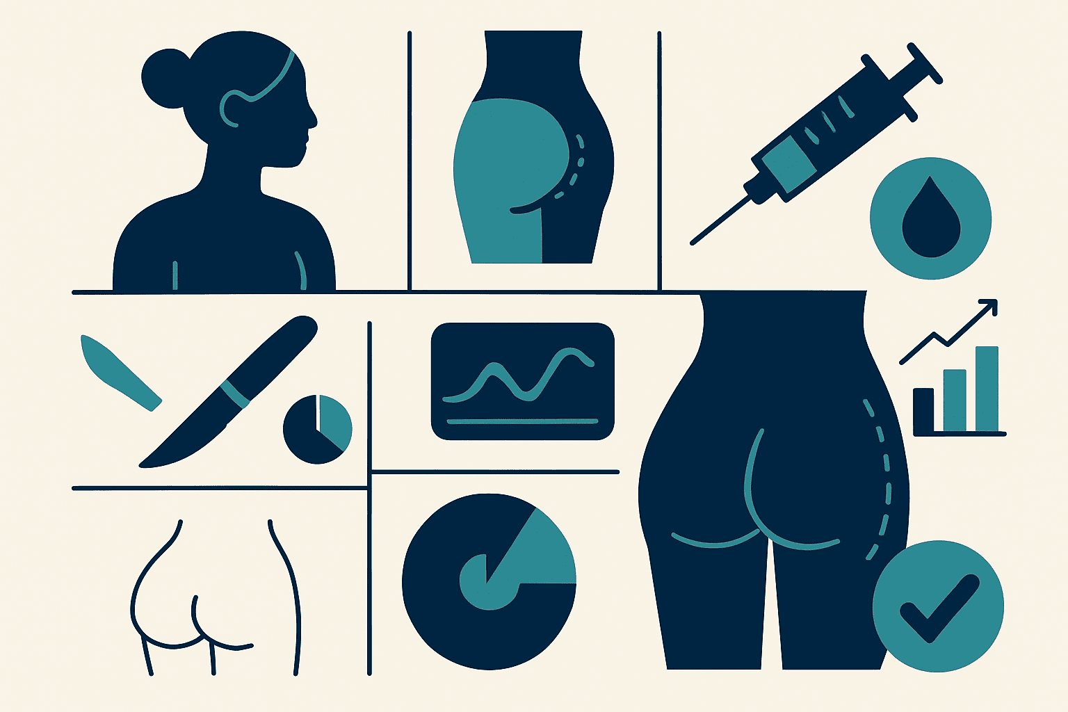 Illustration of cosmetic procedures and body enhancement treatments.