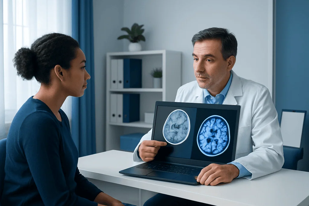 Neuroradiologist explaining brain scans to a patient in a medical office.