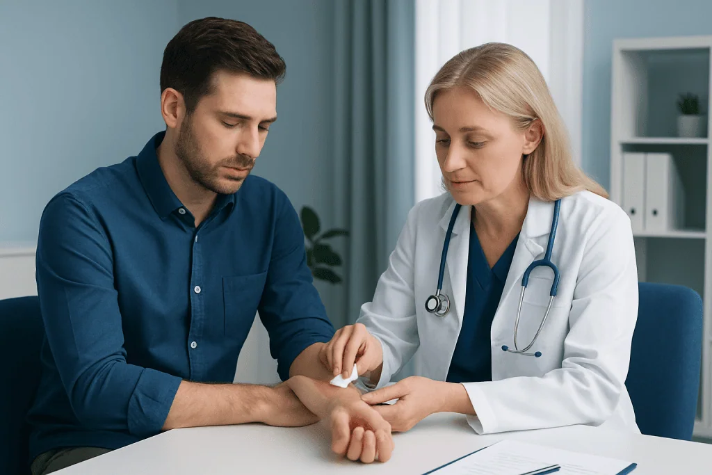 Doctor examining patient's arm for bee sting treatment at hospital.