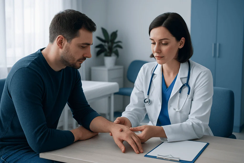 Doctor examining patient's hand for burn injury.