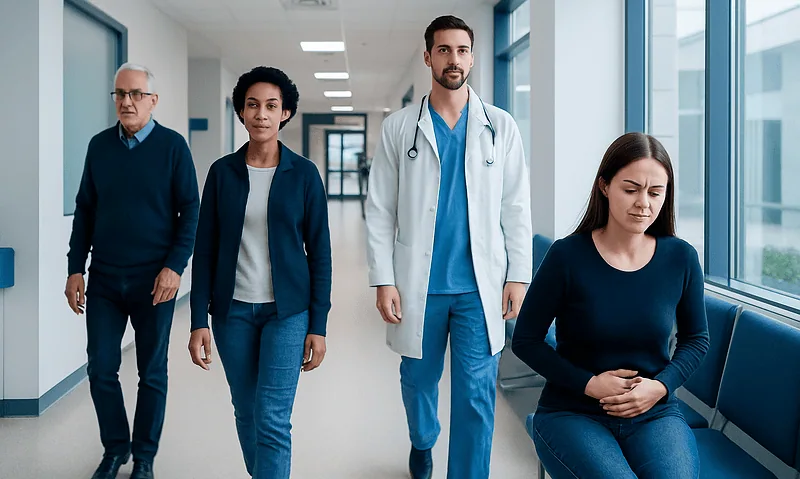 Female patient experiencing abdominal pain in hospital corridor with medical staff nearby.