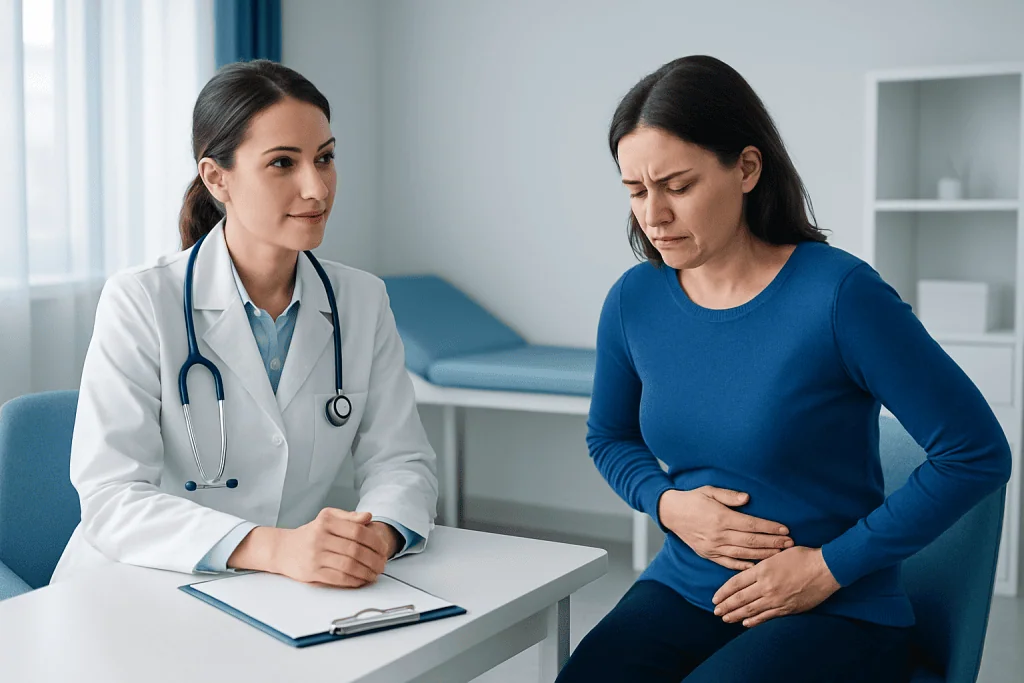 Doctor consulting a patient with abdominal pain at a hospital.
