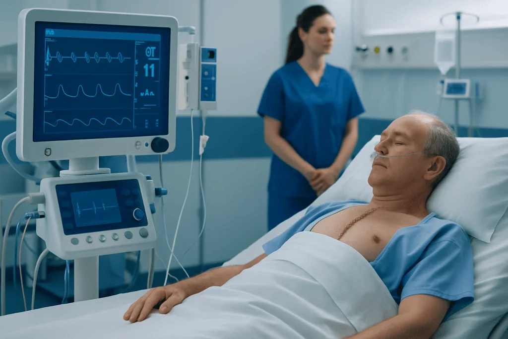 Patient in ICU monitored by medical staff after coronary bypass surgery.