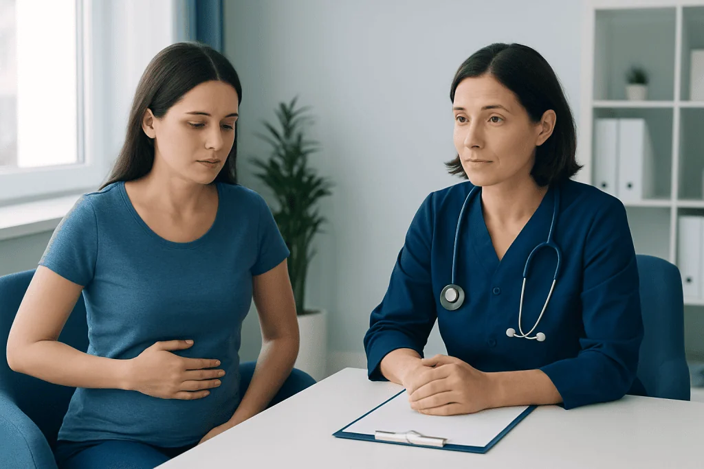 Doctor consulting with a woman patient about health concerns in a medical office.