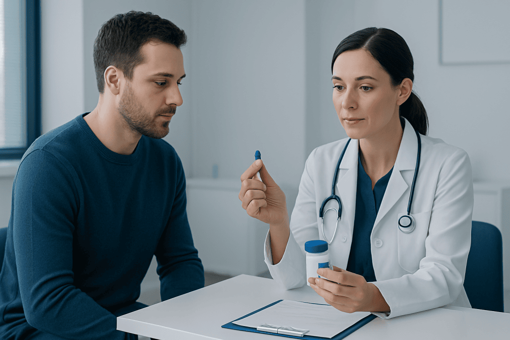 Doctor explaining medication to patient in clinic setting.