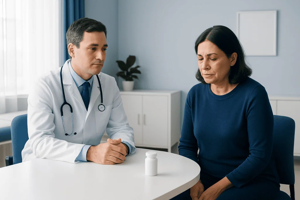 Doctor consulting with a patient about medication at a clinic.