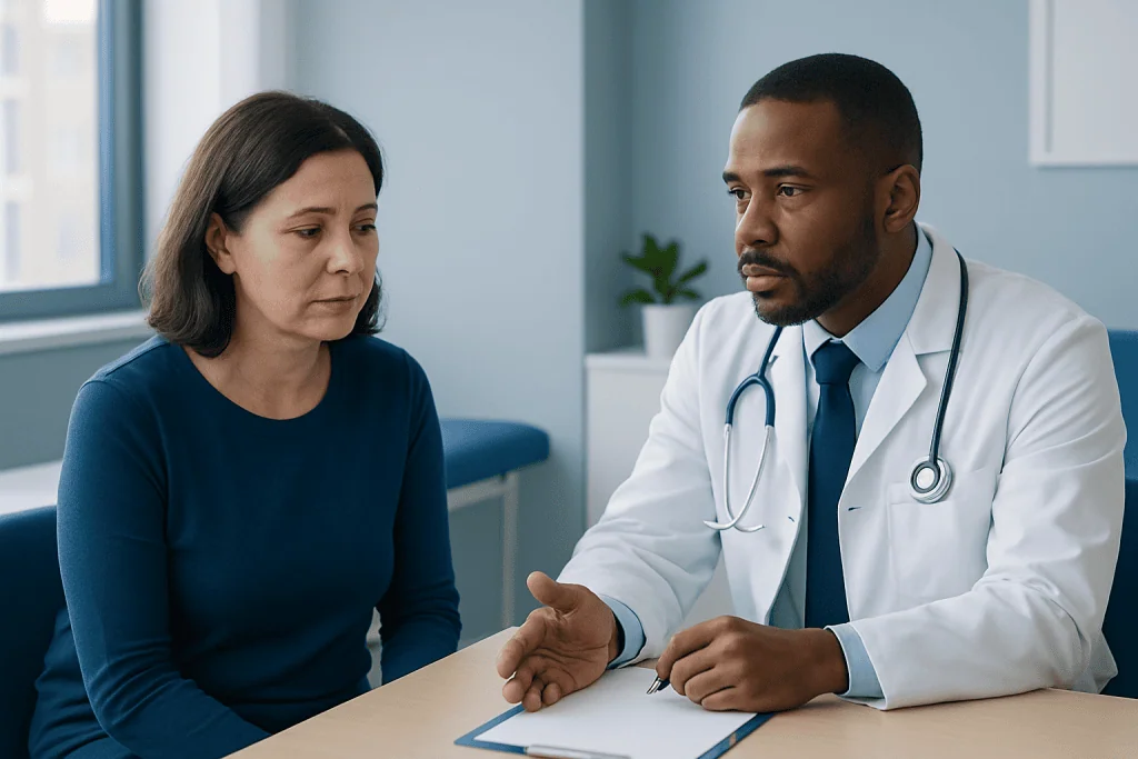 Doctor discussing health concerns with a female patient in a clinic.