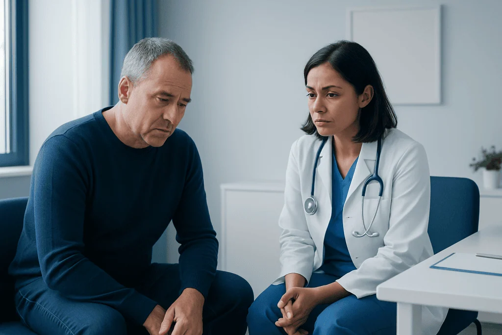 Doctor consulting with a middle-aged male patient in a medical office.
