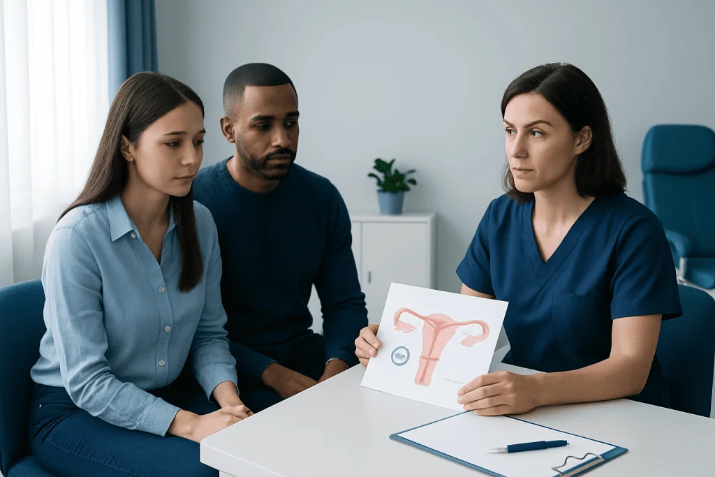 Doctor explains fertility options to a couple in consultation.