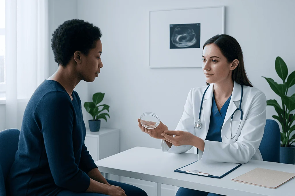 Doctor explaining ultrasound results to a patient in a medical consultation room.