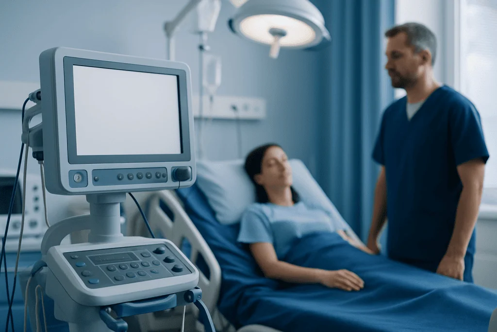 Hospital room with patient and doctor, medical monitor in foreground.