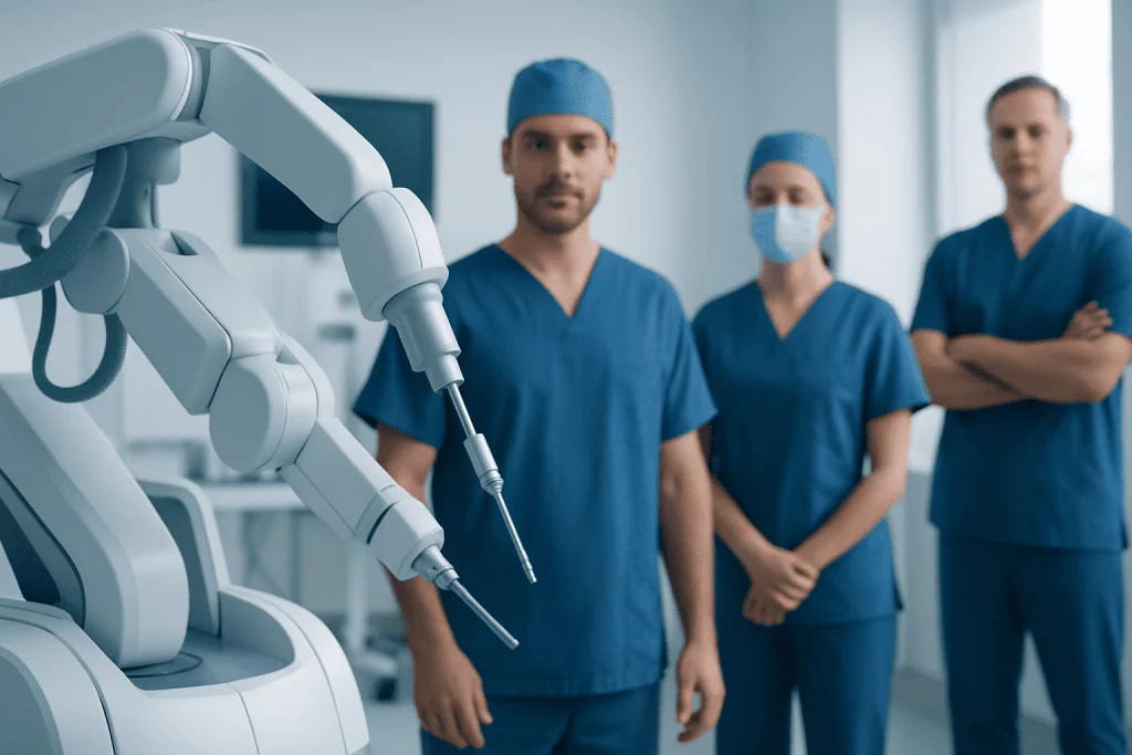 Medical team with robotic surgical equipment in a hospital setting.