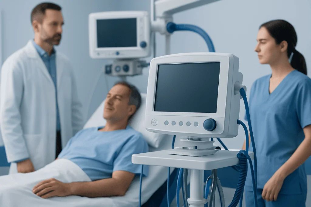 Patient in hospital bed with medical monitors and healthcare professionals nearby.