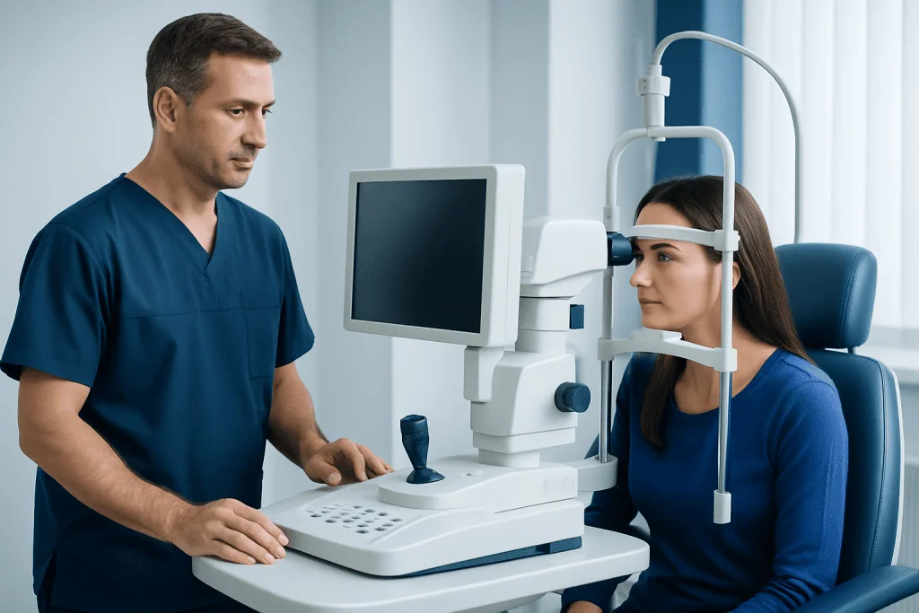 Optometrist performing eye exam with specialized equipment at clinic.