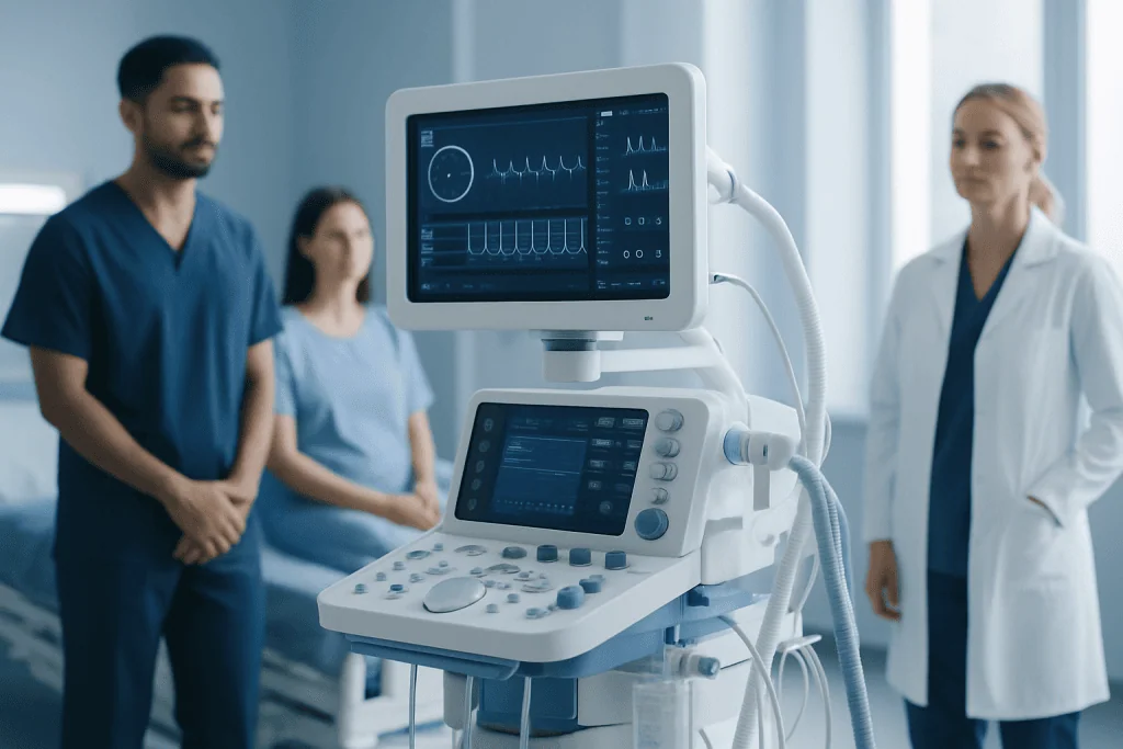Medical team with ultrasound machine in hospital setting.
