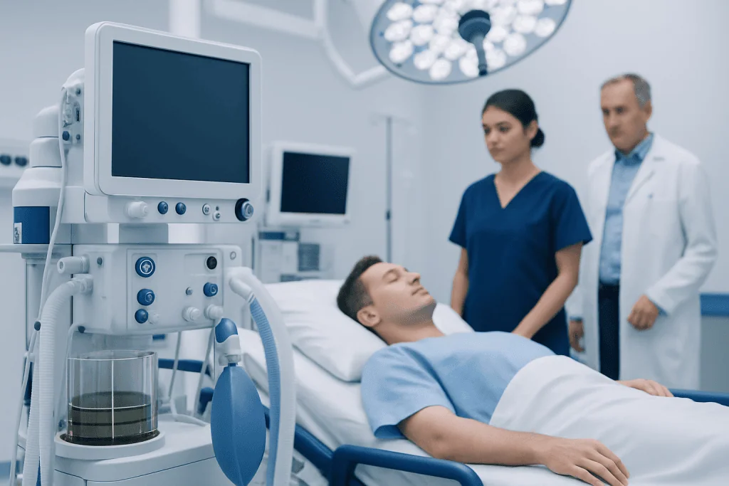 Patient in hospital bed with medical staff and equipment in operating room.