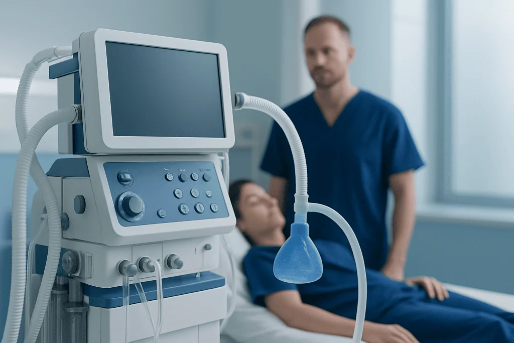 Medical ultrasound machine in a hospital room with a patient and doctor.