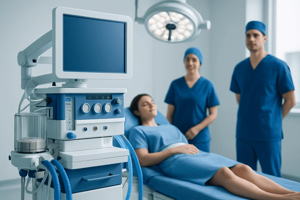 Medical team preparing for a procedure in a modern hospital room.