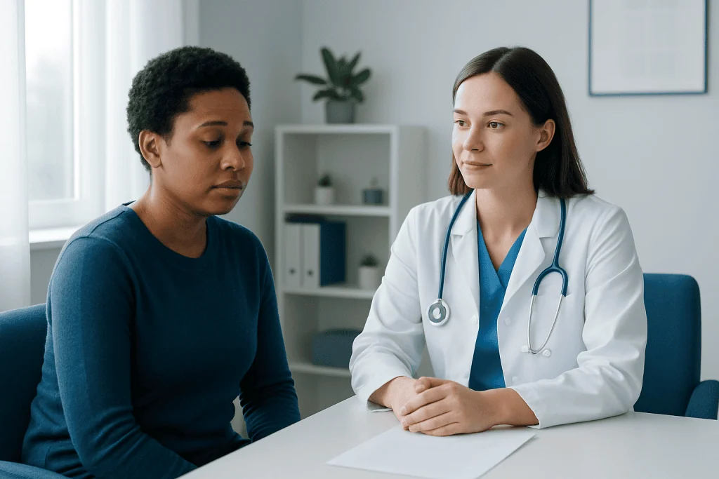 Doctor consulting with a patient in a modern medical office.