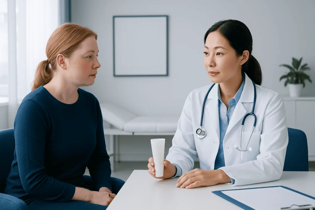 Doctor consulting with a patient about skincare in a clinic setting.