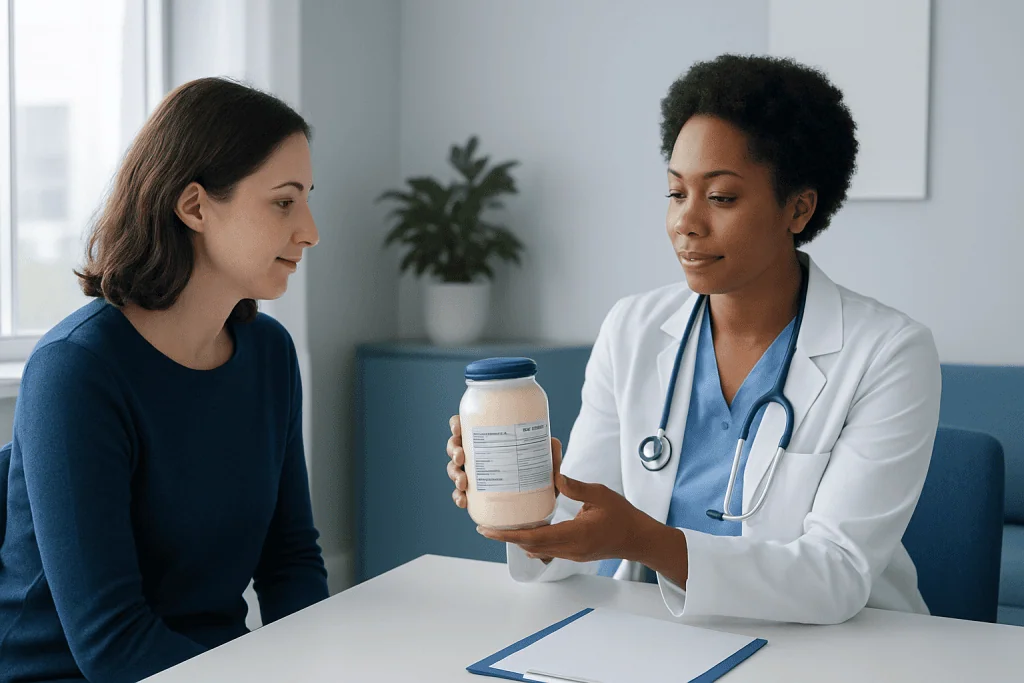 Doctor explaining nutritional supplement to patient in consultation room.