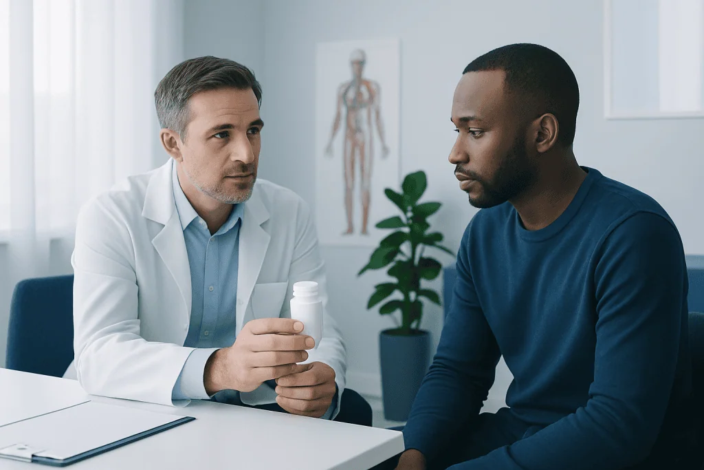 Doctor explaining medication to male patient in a clinic setting.