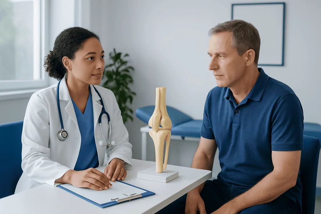 Doctor consulting with patient about knee joint in medical office.