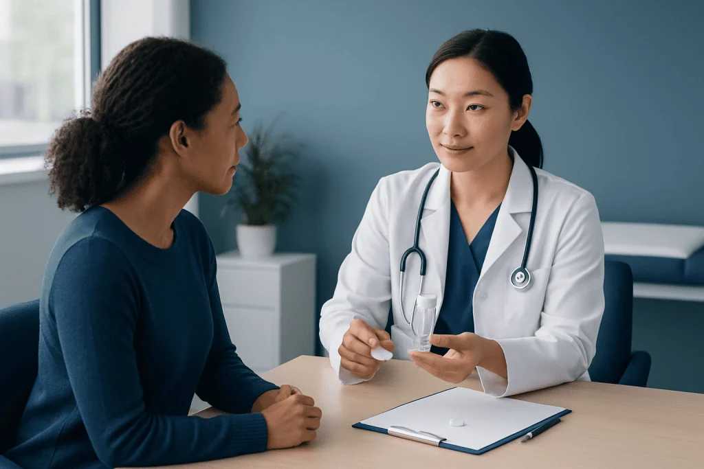 Doctor consulting with patient in a medical office setting.