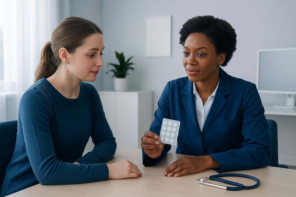 Doctor explaining medication to patient in a consultation room.