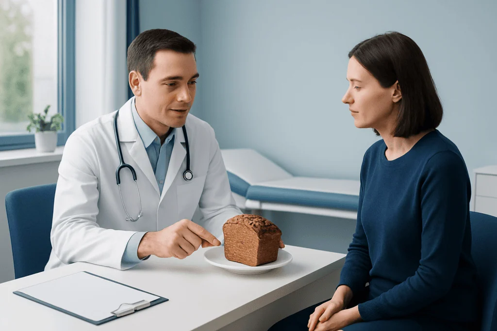 Doctor explaining about ketogenic diet bread to a patient in a clinic setting.