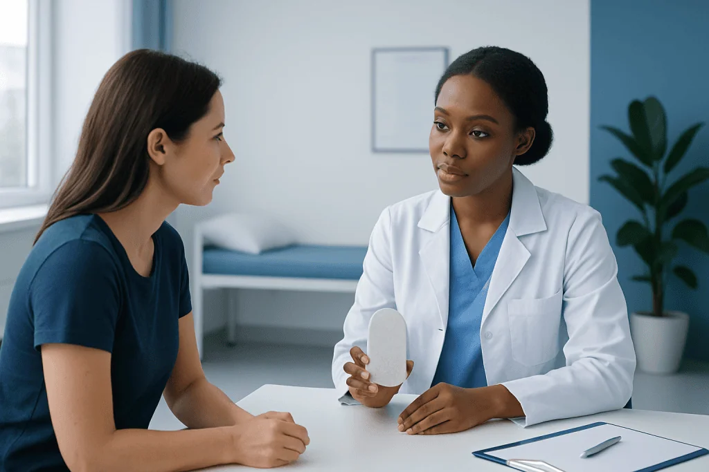Doctor explaining deodorant options to patient in a consultation room.