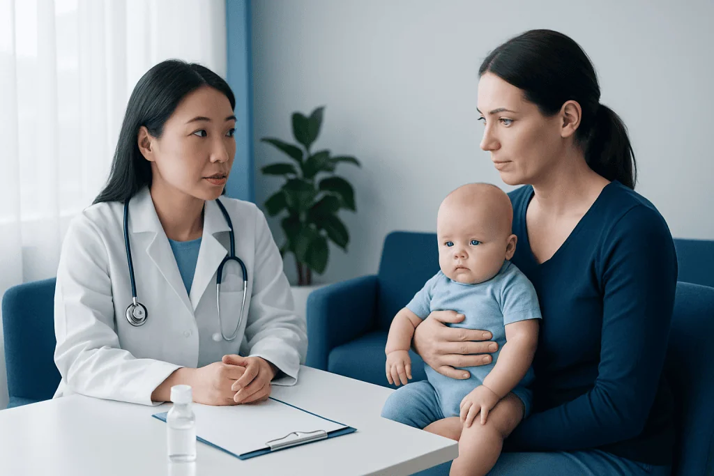 Pediatric consultation with doctor and mother holding baby in clinic.