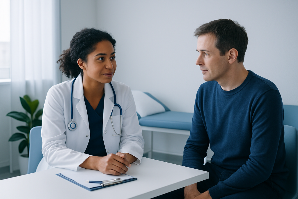 Doctor consulting with a male patient in a medical office.