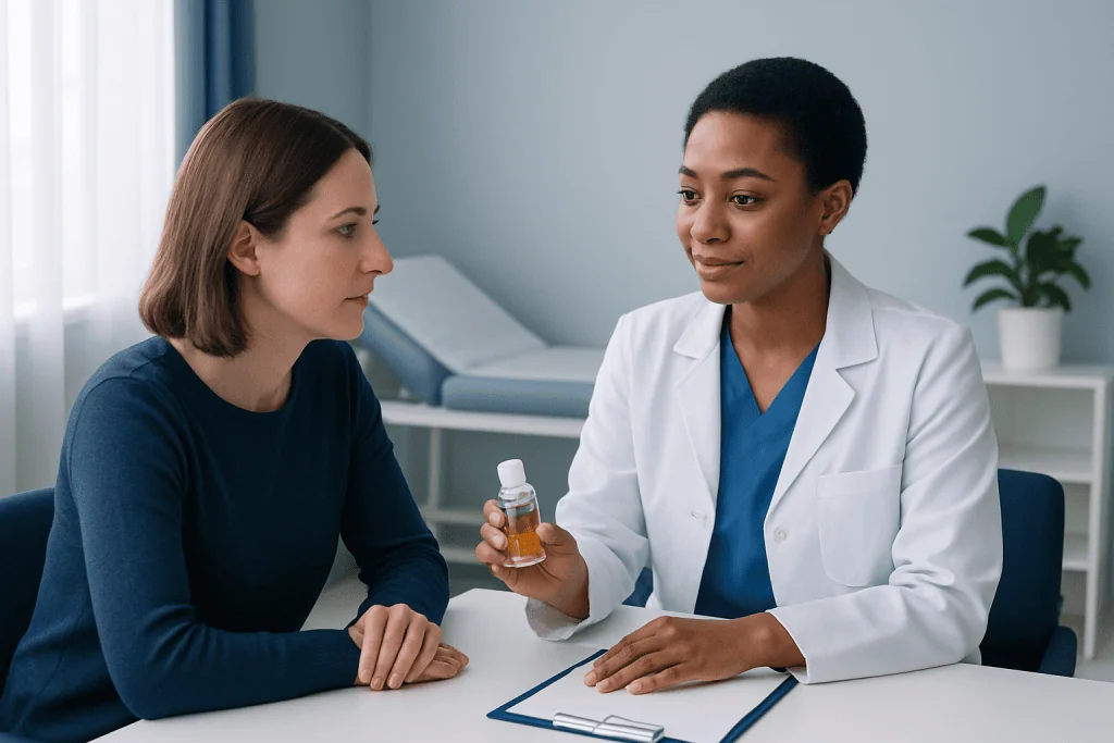 Doctor explaining medication to patient in a clinical setting.