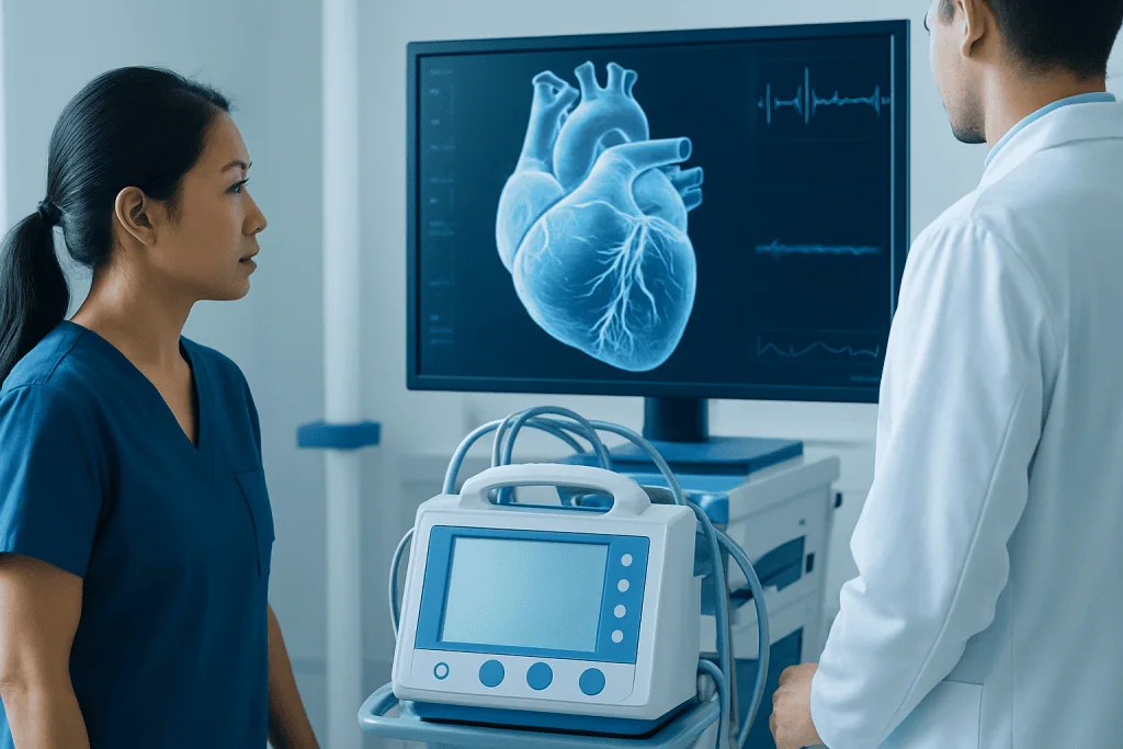 Medical professionals analyzing a 3D heart scan on a monitor at Acibadem Hospitals.